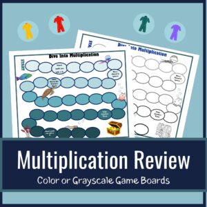 Picture of math multiplication board game with wet suit game pieces.