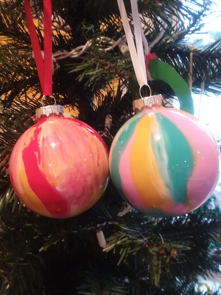 Christmas Activities for teens, paint pour ornaments