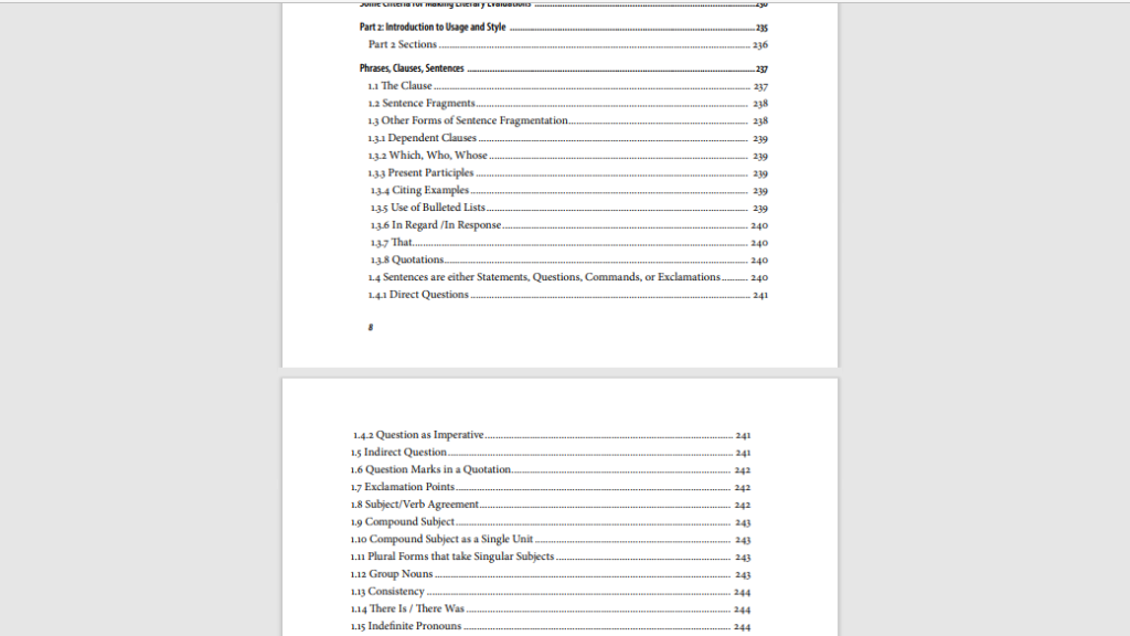 table of contents of Handbook for writers