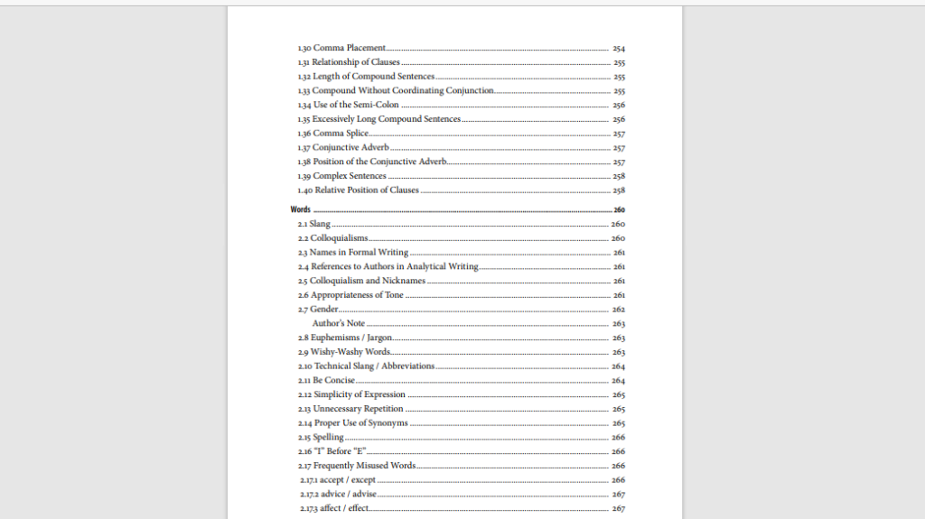 table of contents for handbook for writers