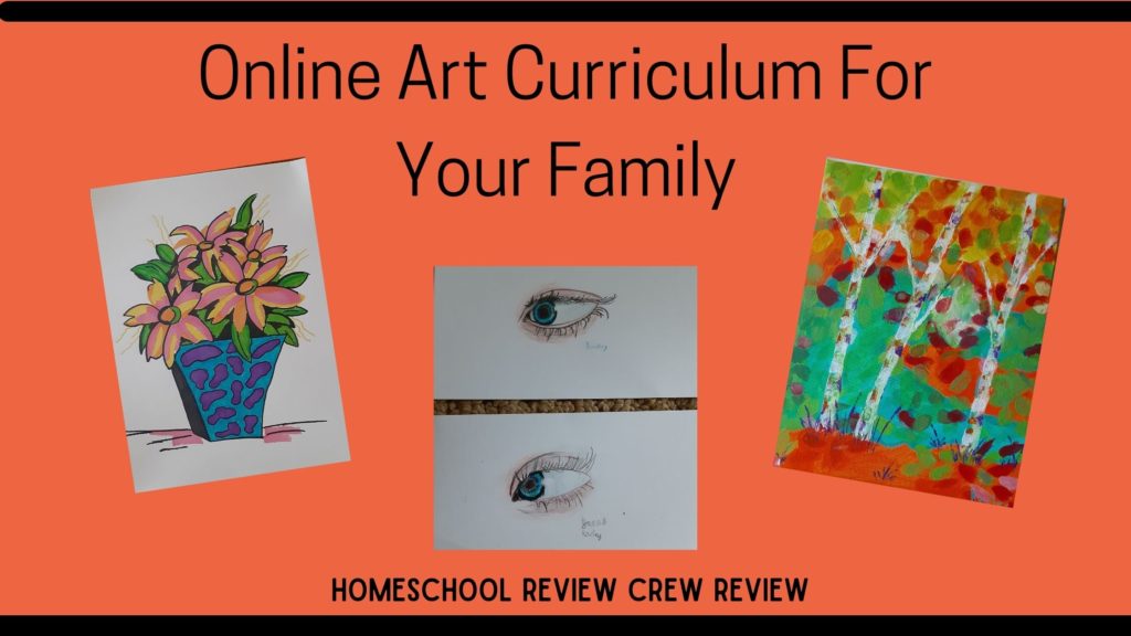 favorite art homeschool product reviewed. Images of sample art work done. Pop art flowers, acrylic birch tree painting and drawings of an eye.