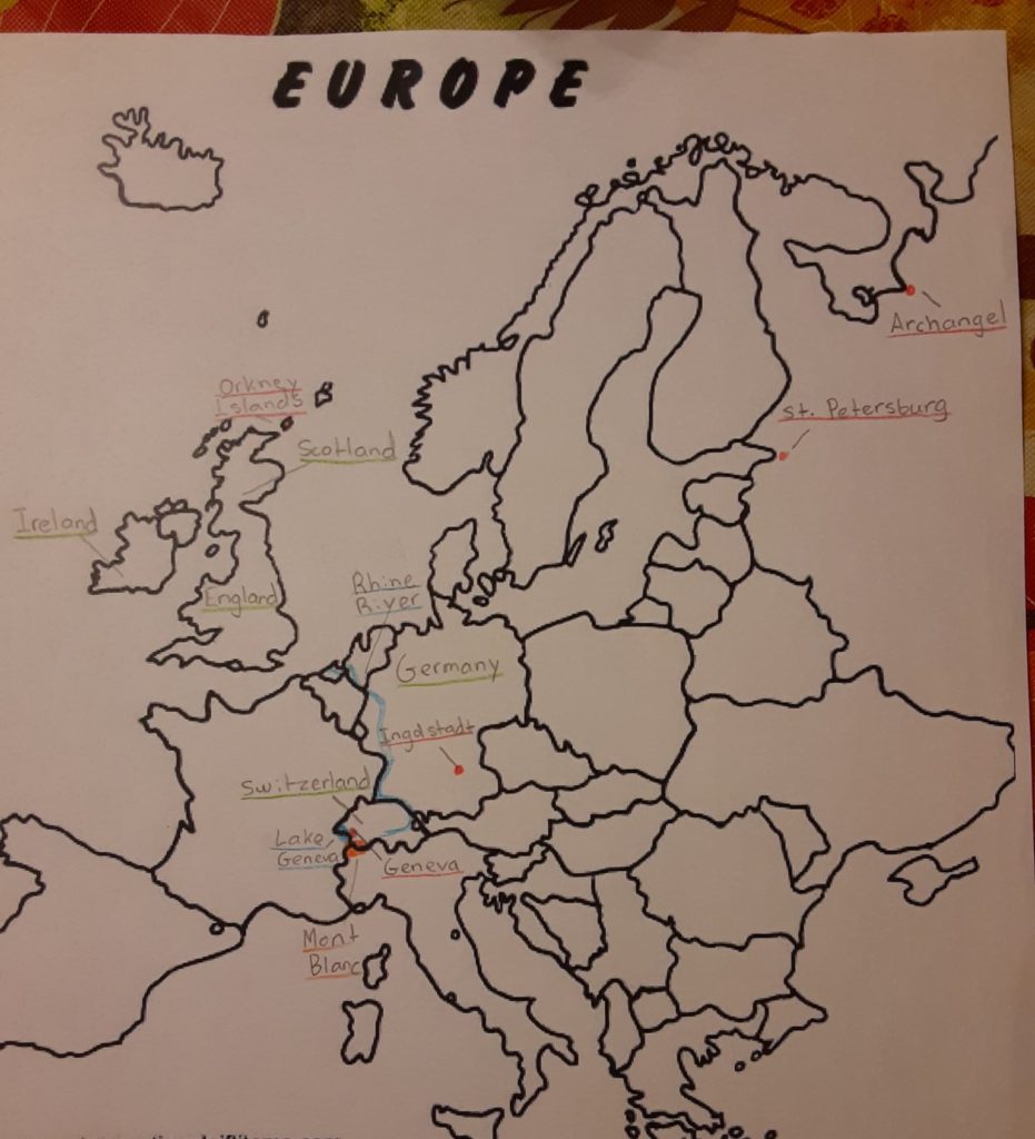 map of Europe, travel route of Frankenstein in the literature study guide