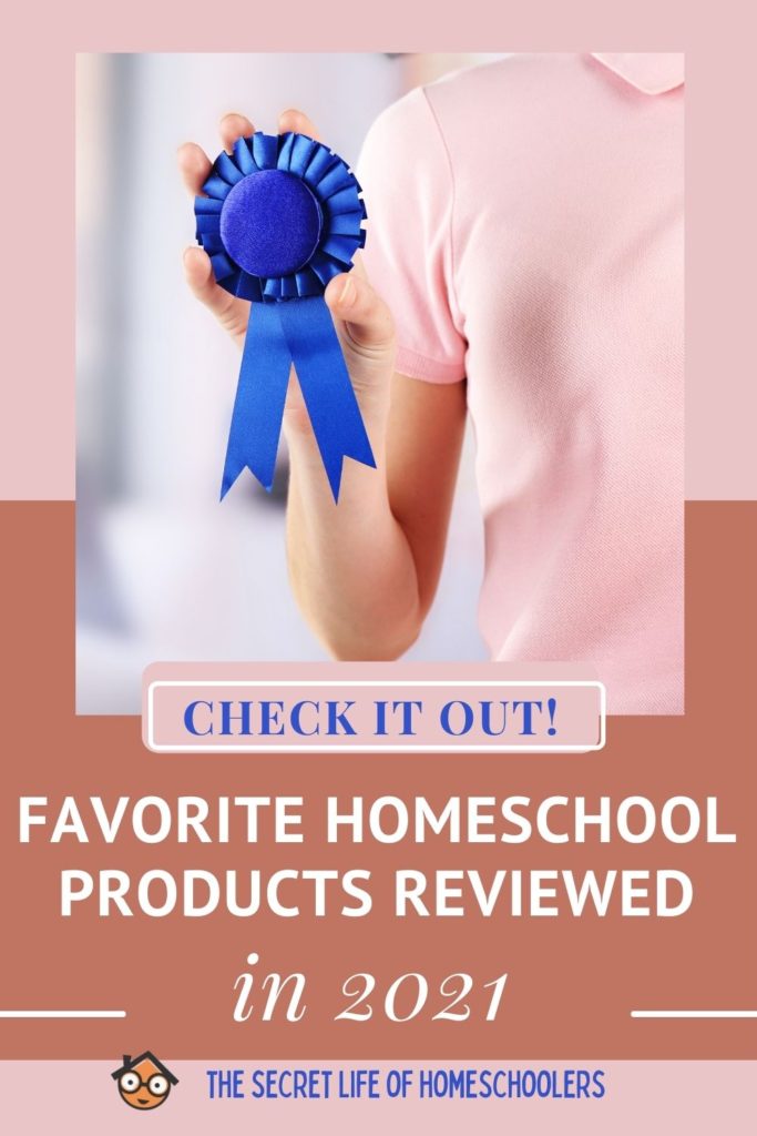 Pin for Favorite Homeschool Products Reviewed in 2021. A woman holding a blue ribbon.