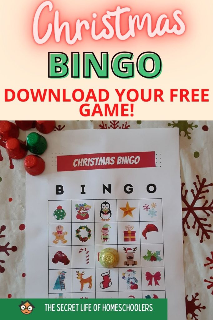 Pin for Christmas BINGO game. Gives a sample board game with chocolates