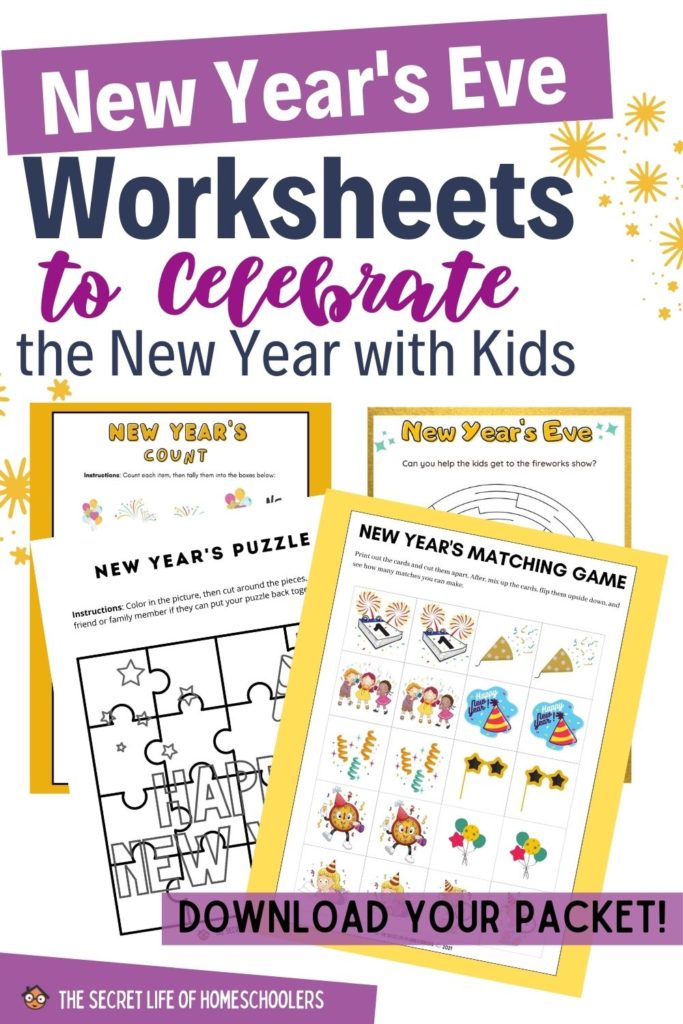New Year's Eve Printable Worksheets pin showing the worksheets included
