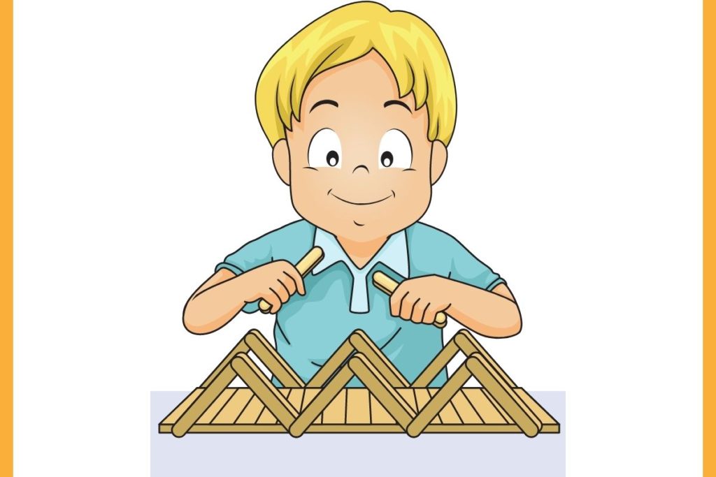 cartoon of kid building a popsicle stick bridge for STEM Activity 