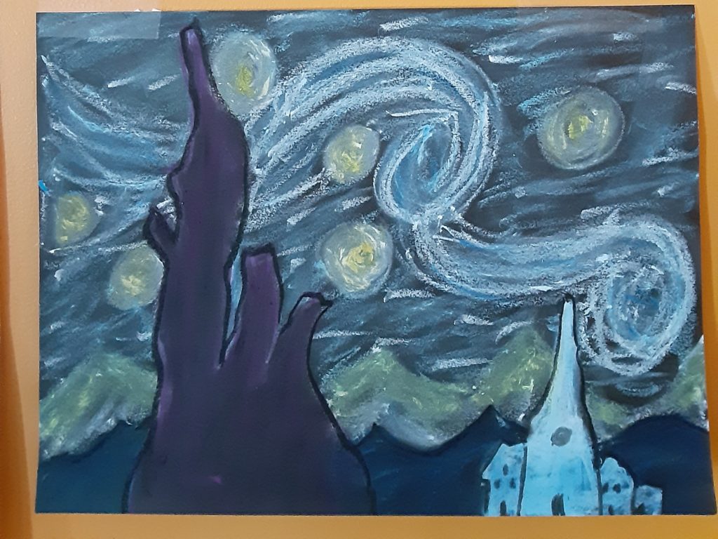 complete homeschool curriculum for 9th grade art. Sample picture in oil pastels of Starry Night