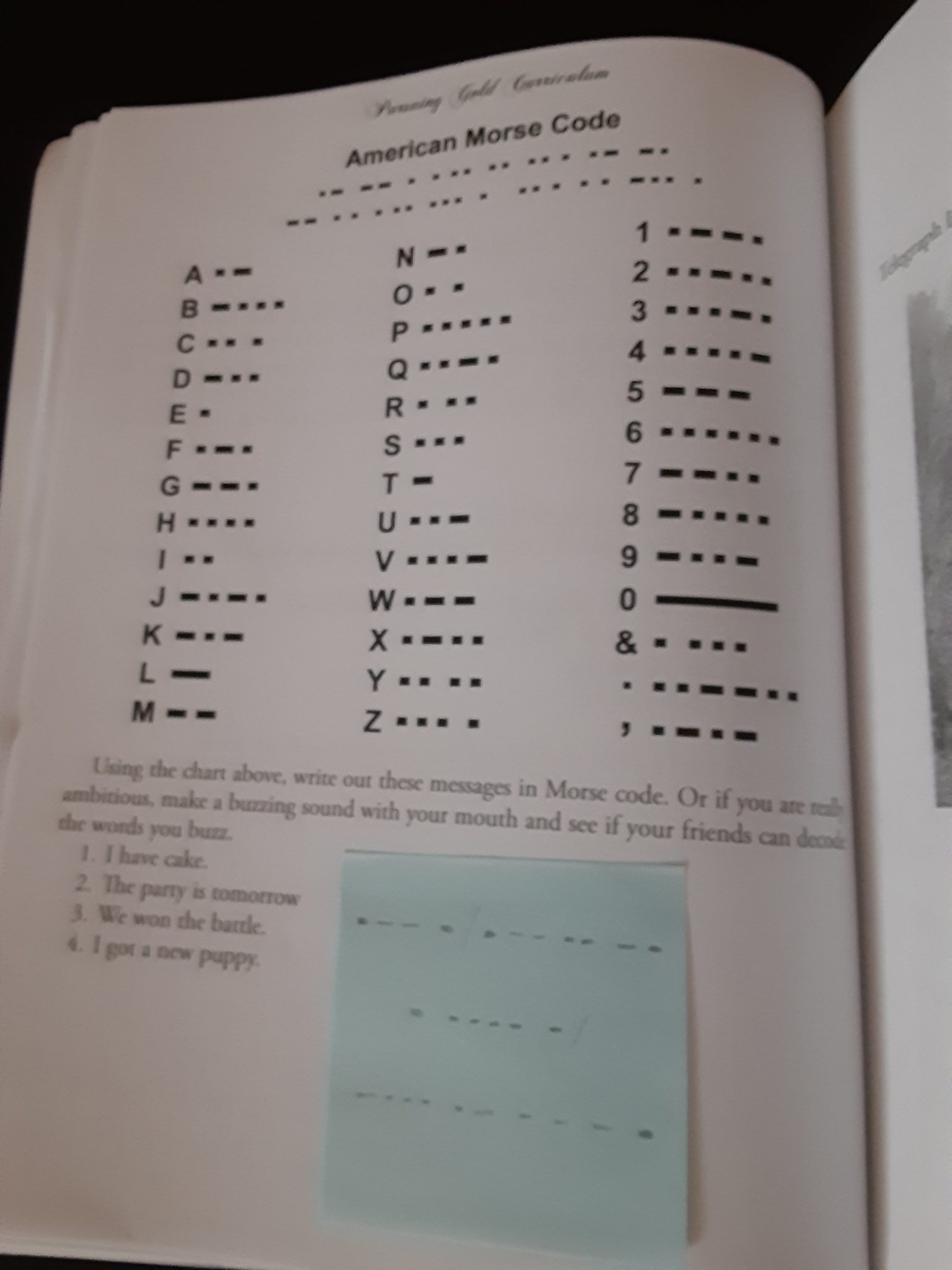 Morse code and student message in Morse code from the history of paper money curriculum