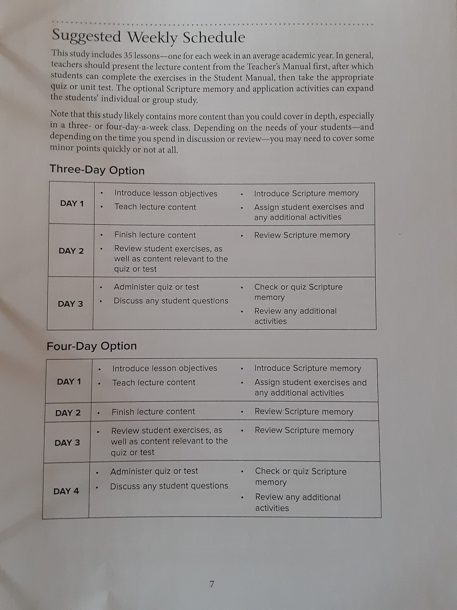 suggested schedule for three-day and four-day Bible Study shown