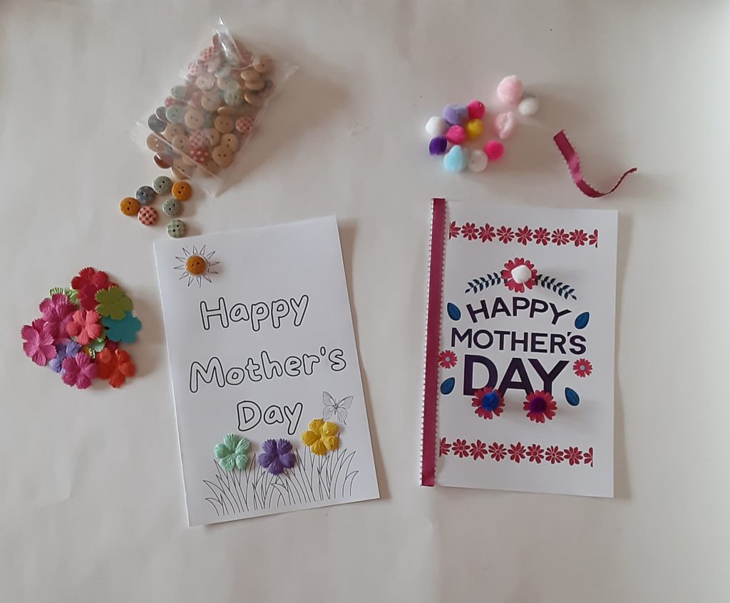 Mother's Day Card Printables decorated with buttons, pom poms, flowers, and ribbon