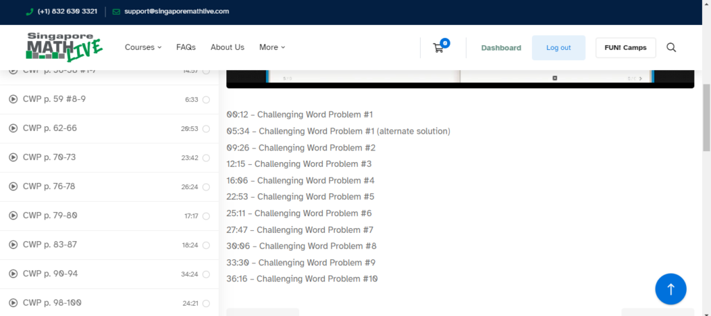 A screenshot of the table of contents and how to find a particular word problem inside the math video lessons