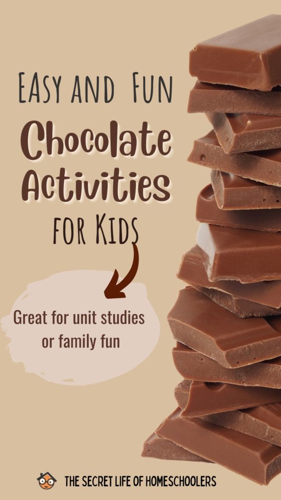 pin for chocolate activities with a pile of chocolate