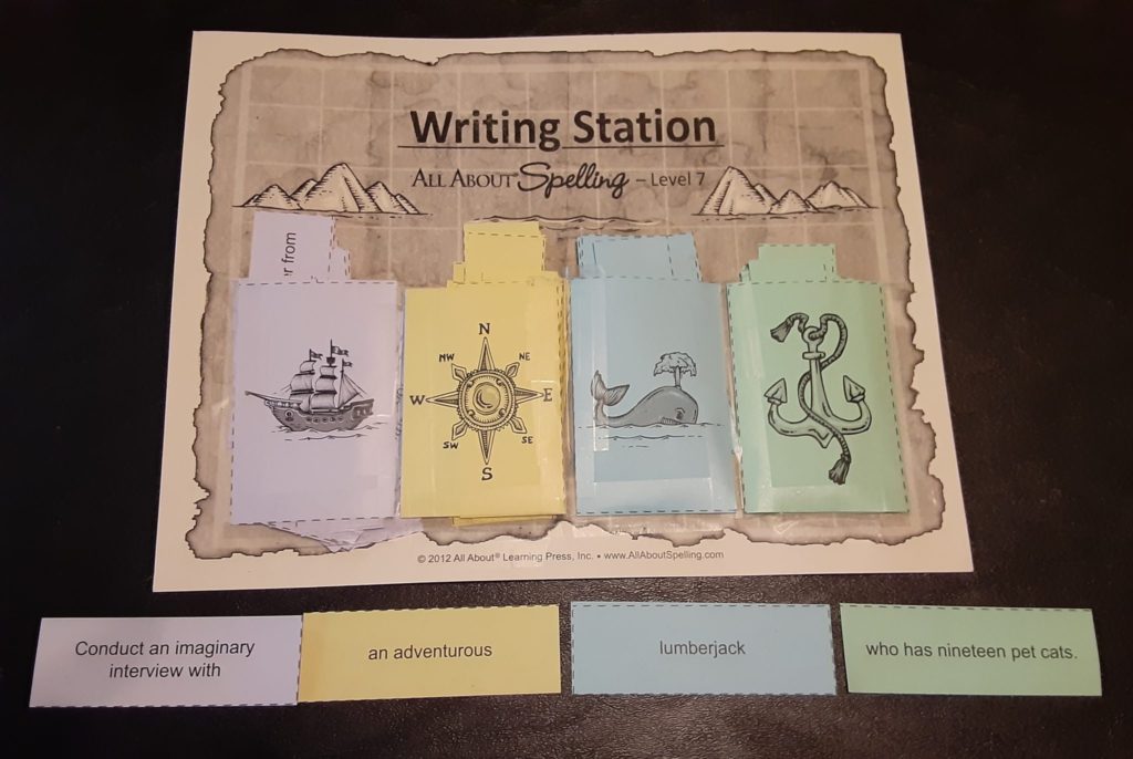All About Spelling Writing Station cards with sample sentence