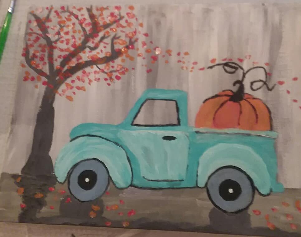 fall art project of a rustic truck with a pumpkin, fall activity to try with teens