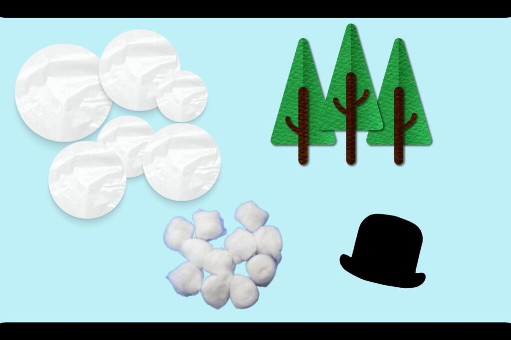 snowman contact paper scene with paper circles, trees, cotton balls