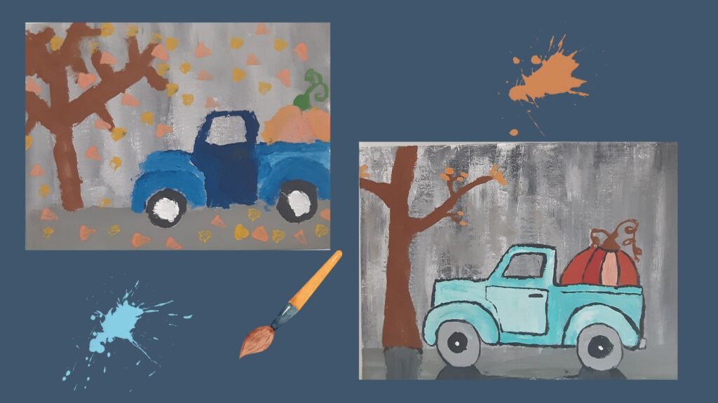 two acrylic paintings of a truck; a painting tutorial teens will enjoy
