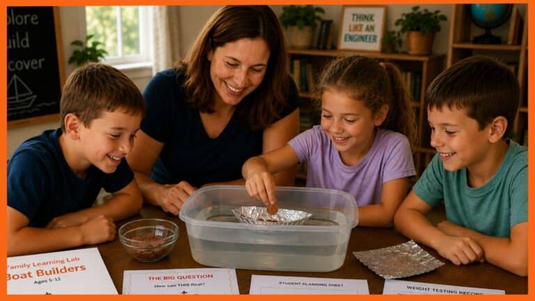 boat builders- family building a foil boat and floating it. One of the boat activities