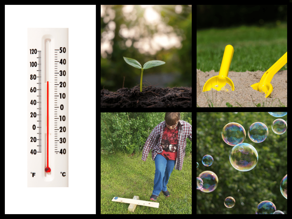 outdoor learning weather exploration, plants, physics, sandbox learning, and bubble scienc