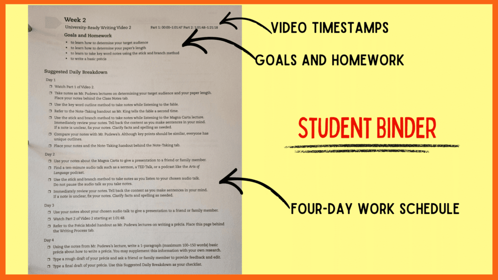 student binder page in university writing course