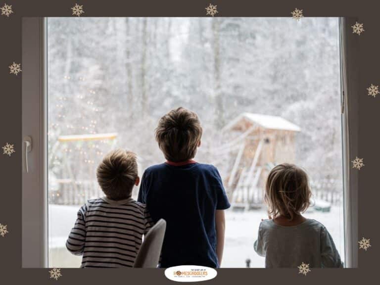 kids looking out window- use 30 Days of winter homeschool activities to add fun