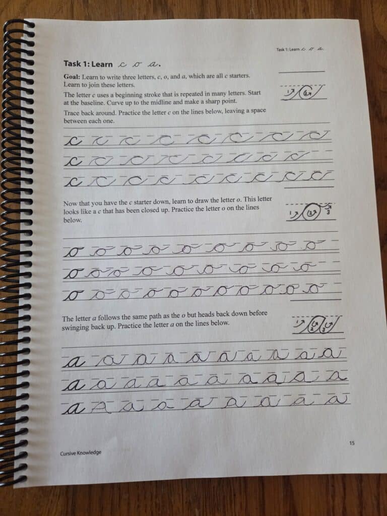 Sample work of son's cursive practice